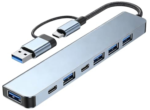 Leloco USB C Hub 7 en 1 USB Hub 3.0 Multiport Adapte, Aluminio USB-A/C 3.0-Ports Multiconector con 5V/1A Type-C Port Compatible con iPhone 16 Serie MacBook Air/Pro, Galaxy, iPad, Windows