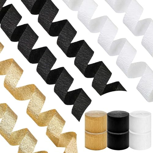 Yooyan 6 Rollen Krepppapier Streamer (Schwarz, Weiß, Gold), 25m x 4,5cm Kreppbänder, Wiederverwendbare Papier-Luftschlangen für Geburtstag, Hochzeit, Abschlussfeier & Partydekoration