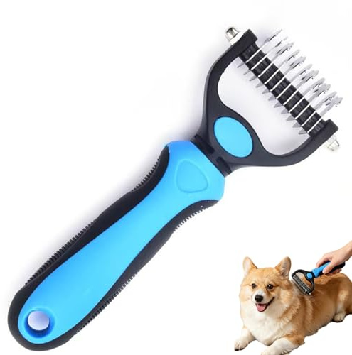 Dual-Sided Pet Dematting Comb,Pet deshedding brush,Stainless Steel Grooming Rake,Double-Edge Deshedding Tool with Long & Short TeethProfessional Mat Remover for Dogs Cats(Blue, S)