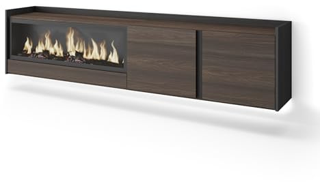 Skraut Home | Meuble TV | Banc Télé | Grand Espace de Rangement | 212x50x35 cm | pour écrans jusqu'à 80 | Cheminée électrique XXL | Suspendu, Mural | LED | Style Moderne | Chêne foncé et Noir