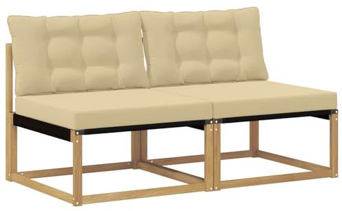 HETFTJN 2er Set Outdoor Mittelsofa modular - Gartensofa aus Akazienholz Massiv und Textilene - Balkonsofa Lounge mit Kissen Wetterfest, Lounge-Sofa für Terrasse und Garten, Weiß Beige