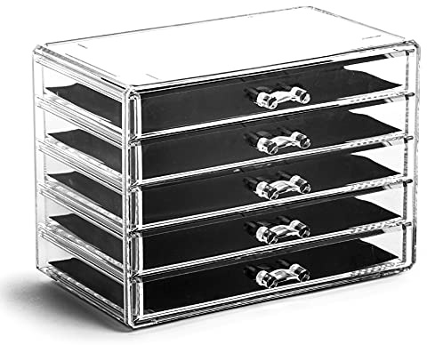 BINO The Manhattan Series make-up lådor av akryl, 5 lådor, transparent skönhetsorganisatör och förvaring, smyckes- och sminktillbehör, lådor