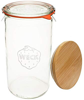 Weck Jar 974 Glass Jars 1.5L with Large Storage Capacity Preserving Jars with Airtight Lids Suitable for Pickling - 1 Jar with Glass Lid & Wooden Lid 54 fl. oz