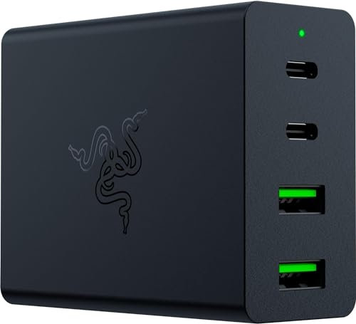 Razer Portables Schnellladegerät – USB-C GaN Charger (2 USB-C- und 2 USB-A-Anschlüsse, gleichzeitiges Laden mehrerer Geräte) Schwarz