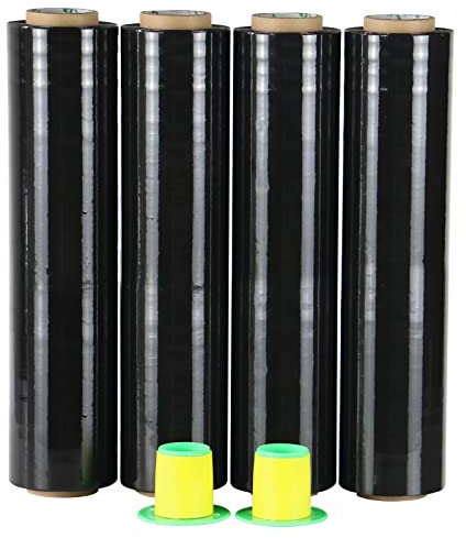 BOMEI PACK Noir Film étirable demenagement de film emballage, Cling Film 250m x 400 mm x 17 µm avec poignée de roulement en plastique, pour emballage et déménagement, 4 Rouleaux