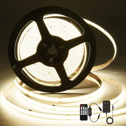 MOMKHBEY COB LED Streifen 5M, 4000K Naturweiße LED Streifen DC24V mit GS Netzteil,RF Fernbedienung,480LEDs/M,CRI 93+,8mm Breite,Dimmbare LED Light Strips für Schlafzimmer, Küche, Heimdekoration