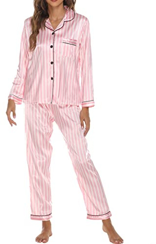 Geagodelia 2 Pièce Ensemble Pyjama Femme à Manches Longues Imprimé Vêtements de Nuit en Faux Satin Soie pour Toutes Les Saisons (Rose Rayé, S)