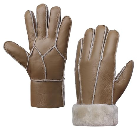 MGGMOKAY Herren Lederhandschuhe Schaffell Shearling Warme Winterhandschuhe,Kamel,L