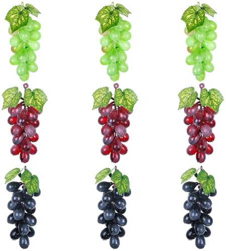 Molyorch 9 Stück Deko Kunststoff Weintrauben, Lebensechte Traube Deko, Künstliches Obst Gemüse Dekoration, für Weindekoration, Künstliche Fruchtstützen, Gartenbüro (18 Trauben)