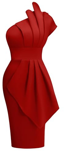 Memoriesea Women's Elegant One Shoulder Pleated Detail Bodycon Party Club Midi Dress Red