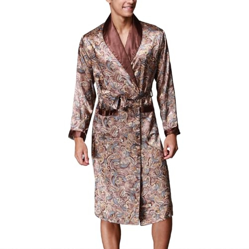 Vivi Idee Morgenmantel Herren Schlafmantel Bademantel kimono lang leicht satin Sauna (DE/NL/SE/PL, Alphanumerisch, L, Regular, Regular, Braun)