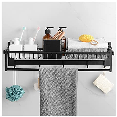 Étagères flottantes de salle de bain avec panier de douche 5 crochets Barre porte-serviettes sans perforation Pliable Organisateur de rangement décoratif pour salle de bain 50 cm de long