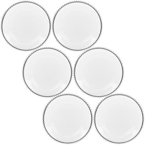 URBNLIVING 32cm Width 6 Pcs Clear Charger Silver Rim Acrylic Round Serving Plates Set with Metallic Beaded Colored Rim Party Banquets Table for Christmas Halloween Wedding Catering Event Decoration
