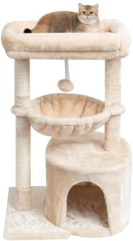 SYANDLVY Kleiner Katzenbaum für Indoor-Katzen, Moderner Aktivitätsturm | Kätzchen Condo mit Kratzenposten und Brett, WiegeBeige