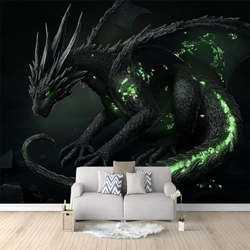 Fantasy-Stil Schwarzer Drache Vlies Fototapete 3D Effekt Vliestapete - Schwarz Wandtapete Für Wohnzimmer Schlafzimmer Büro Flur Tapete, Kinderzimmer Jungen Mädchen Wandtapete 250 x 175 cm