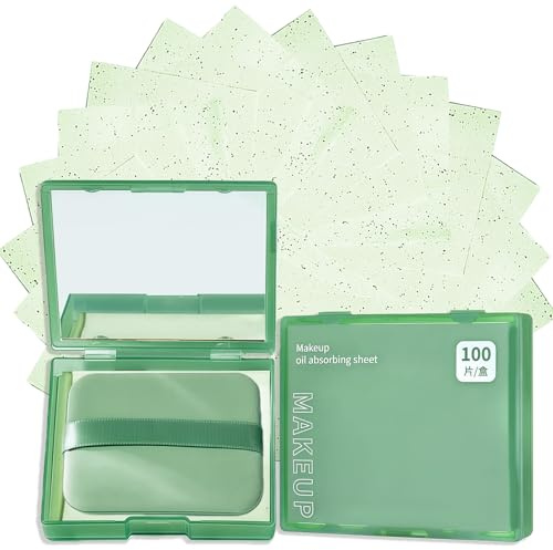 100-Sheets Oil Blotting Sheets for Face with Mirror & Puff - Absorbs Oil, Controls Shine, Portable for Skin Tending & Makeup