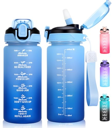 SUPPRUI Vattenflaska för barn med sugrör, 600 ml barndrycker för skolan, läckagesäker BPA-fri tritan motiverande dryckesflaskor för flickor pojkar (blå)