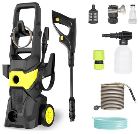 Hochdruckreiniger, Max 135Bar Leistungsstarker Strahlreiniger, 1500W, 450L/H, Schlauch 1,8M+10M und Schnellkupplung, Schaumkrug, 1,5M Elektrokabel, Haus, Garten or Auto (Gelb)