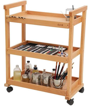DJAR Rolling Art Supplies Cart, Solid Beech Wood Art Supply Organizert with Caster Wheels, Utility Cart for Adults, Artists, (Natural, Basic)