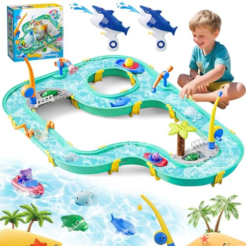 HERMORRYSS Wasserbahn Kinder Draußen, 2 in 1 Wasserspielzeug Kinder Outdoor, Wasserbahnset mit 2 Booten, 6 Tierfiguren, 2 Wasserpistolen und Angelfunktion, Wassertisch Spielzeug für Kind ab 3+
