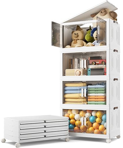 Warmiehomy Storage Box with Lid 54L*4 Tier Stackable Storage Drawers Boxes with Wheels, Foldable Collapsible Lidded Bins Containers, Plastic Stacking Drawers for Outdoor Office Home Organisation