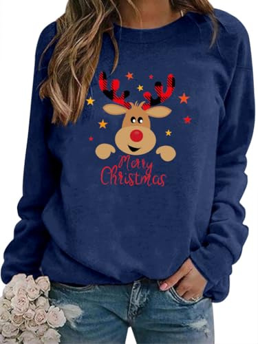 WIEIYM Sweat-shirt de Noël à manches longues imprimé col rond pull top de fête automne hiver manches longues blouse tops extensibles légers sweat-shirts basiques confortables haut, F-Blue, L