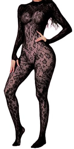 CZSABXY Womens Fishnet Bodysuit Lingerie Lace Leopard Jumpsuit Mesh Bodystocking Rave Outfits For Women(Black)