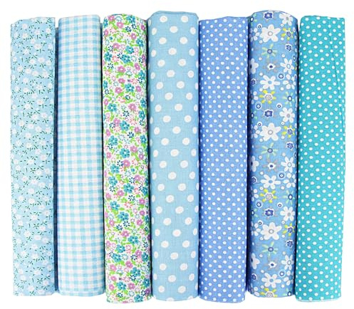 Yuiturt 7 stycken bomullstyg, tygpaket, 50 x 50 cm, blått tyg för lapptäcke, sömnad, quiltning och pyssel, tygrester för sömnad, olika mönster, tyg blå
