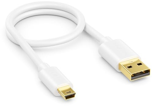deleyCON 0,30m Câble Court Mini‑USB 2.0 Haute Vitesse - Câble pour le Transfert de Données et la Charge pour Téléphones, Smartphones, Tablettes, GPS, Microphone - Connecteur USB‑A vers Mini‑B - Blanc