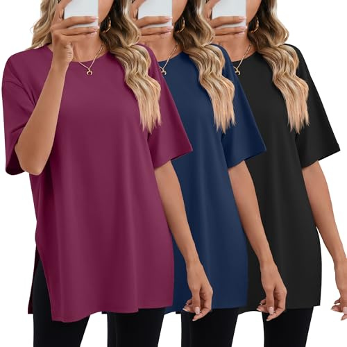 Geyoga Pack 3 Camisetas Oversize Mujer | Camisetas Largas Holgadas, Tops De Gym Amplios Para Verano, Manga Corta, Cuello Redondo, Abertura Lateral, Moda Talla Grande