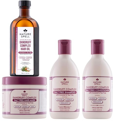 Nature Spell Dandruff Complex Set, Soothing & Hydrating Formula, Helps Reduce Flaking & Dryness with Tea Tree, Coconut Oil & Zinc, Includes Shampoo, Conditioner, Hair Mask and Oil, Vegan, Pack of 4