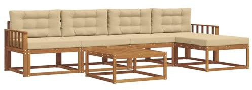 HETFTJN 6-teiliges Gartenmöbel Set aus Akazienholz Massive Gartenlounge mit Sitzkissen und Tisch Modulare Outdoor Sitzgruppe für Terrasse und Balkon Natur und Beige Lounge-Sofa