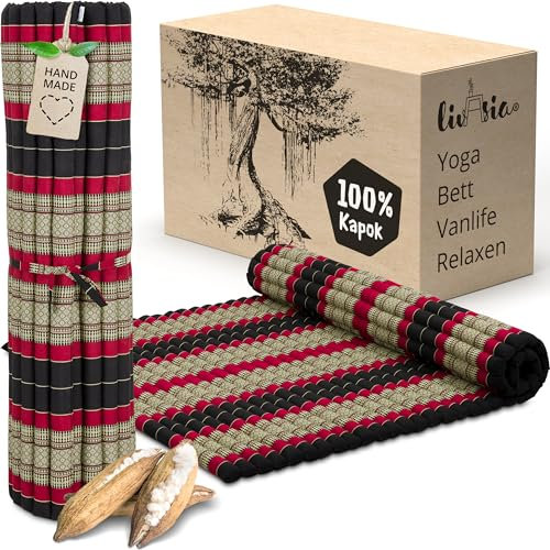 Asia WOHNSTUDIO livasia Rollmatte XXL breit Doppelbett - 200x145x4,5cm - Gästebett Gästematratze 2 Personen mit Muster, Reisebett für Kofferraum und outdoor, Thaimatte Kapok Garten und Balkon (Schwarz