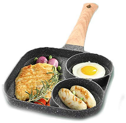 ROYWY Sartén antiadherente - Sartén cuadrada de 3 secciones Sartén para huevos fritos dividida para desayuno, hamburguesas, bistec y tocino, apta para estufa de gas y cocina de inducción Sart