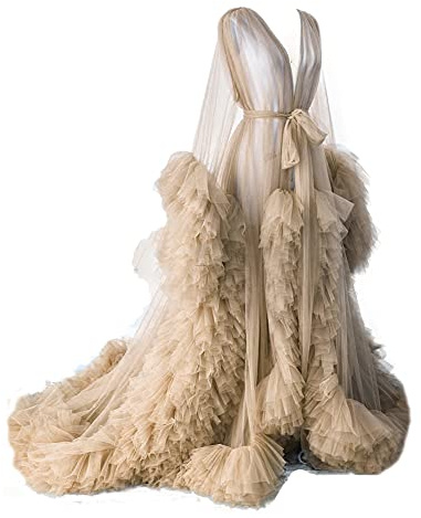 BATHGOWN Sexy Illusion Long Lingerie Tulle Robe Nightgown Bathrobe Sleepwear Bridal Robe Wedding Scarf