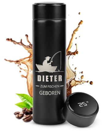 Maverton Thermobecher Kaffeebecher 450 ml - Isolierbecher personalisiert - 100% dicht - Led Temperatur Anzeige - Weihnachtsgeschenke - aus Edelstahl - Geschenk für Männer - schwarz - Fischer