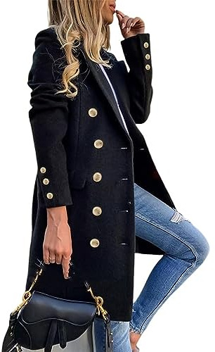 IDEALSANXUN Womens Fall Winter Wool Coats Double Breasted Midi Peacoat Trench Coats, Black 01, S