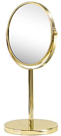 Nadi Collection | Espejo Aumento Maquillaje baño | Metal | Sobremesa | Redondo | Dos Caras Aumento 5X y 1X | para Maquillaje, Afeitado o depilar Cejas | Sin luz | 34.5 x 18.5cm (Oro Brillo)