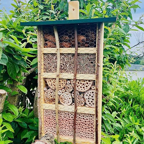 DARLUX handgefertigtes, hochwertiges Holz Insektenhotel XL Wildbienen-Nisthilfe Insektenhaus Natur/Grün. Produziert von Werkstätten für behinderte Menschen