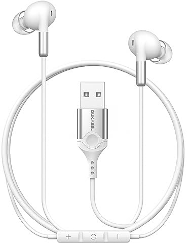 DuKabel in-ear hörlurar med kabel USB in-ear headset med volymkontroll ljudisolering HiFi ljud kompatibel med dator PS4 PS5-bärbar dator – vit
