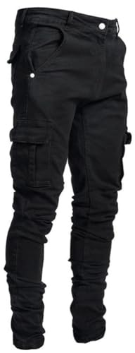 Men's Casual Skinny Cargo Pants Black Straight Slim Fit Cargo Jeans Pants ,857 Black,Size 34