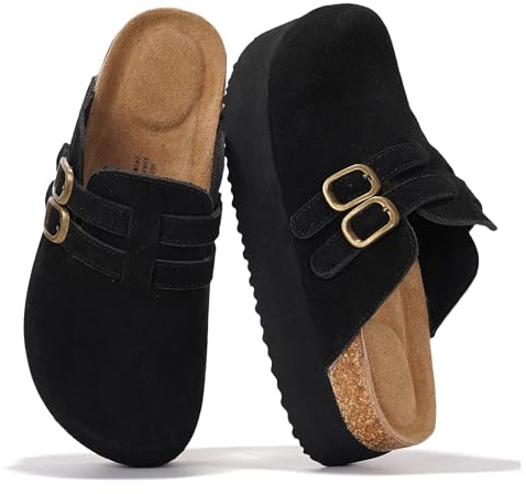 Project Cloud 100% Genuine Leather Womens Clogs - Mules for Women with Ultra Soft Memory Foam Insoles, 1.5 Inch Wedge Platform Clogs, Lightweight Non-Slip Outsole, Arch Support (Stephi,Black,5.5)