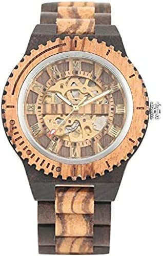 Reloj de Madera Reloj de Madera Retro Reloj mecánico Literal Romano de Oro Real Reloj de Brazalete de Madera de Lujo Superior para Hombres, Madera de ébano
