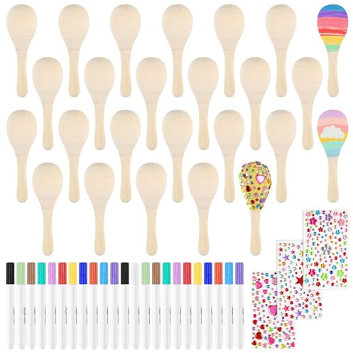 PLULON 25 Pcs Mini Wooden Maracas for Kids Unfinished Maracas for Fiesta Party Decorations with 27 Pcs Colorful Painting Tools, Maracas Musical for Mexican Party Favors Cinco De Mayo Party Supplies
