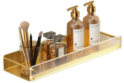 Badezimmerregal für Bad und Küche Goldenes Duschregal, an der Wand montierte Badezimmerregale mit Acryl-Frontzäunen, moderne dekorative Lagerregale aus Aluminium for Zuhause, Badezimmer, Küche Duschab