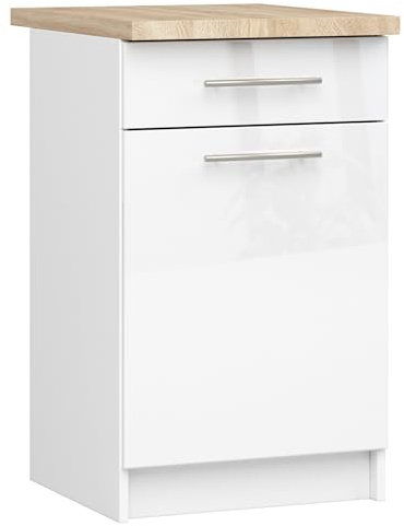 AKORD | Küchenschrank mit Arbeitsplatte - Oliwia S50 | Küchenunterschrank mit Tür, Schublade und 2 Einlegeböden | Unterschrank Küche 50 cm Breit | ABS 18 mm | 46 x 50 x 85 cm | Weiß & Weiß glänzend