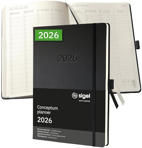SIGEL C2618 Planungsbuch Wochenplaner Wochenkalender 2026, extra groß, A4+, 1 Woche = 2 Seiten, 1 Spalte pro Tag, schwarz, Hardcover, 192 Seiten, Stiftschlaufe, Archivtasche, Kalenderbuch Conceptum