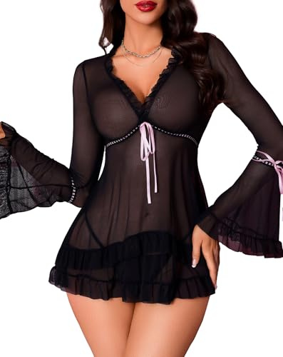 Aranmei - Set di biancheria intima sexy da donna con arricciatura vintage, maniche lunghe, in rete, con pizzo - Set di camicia da notte sexy, Nero , S