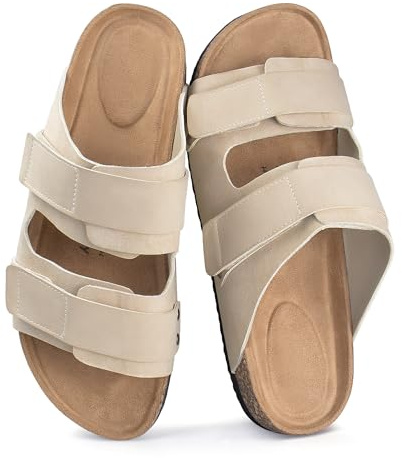 KWUKOTY Pantoletten Damen Sandalen mit Kork-Fußbett – Slip‑On mit Fußgewölbeunterstützung, Verstellbaren Riemen & Gepolsterter EVA-Sohle Beige Größe 40