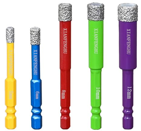 Dry Diamond Core Drill Bits Set 5 PCS Carbide Drill Tile Hole Saws Vacuum Brazed with Hex Shank for Ceramic Porcelain Tiles Marble Granite Quartz Glass Hard Materials (3/16”-1/2”)